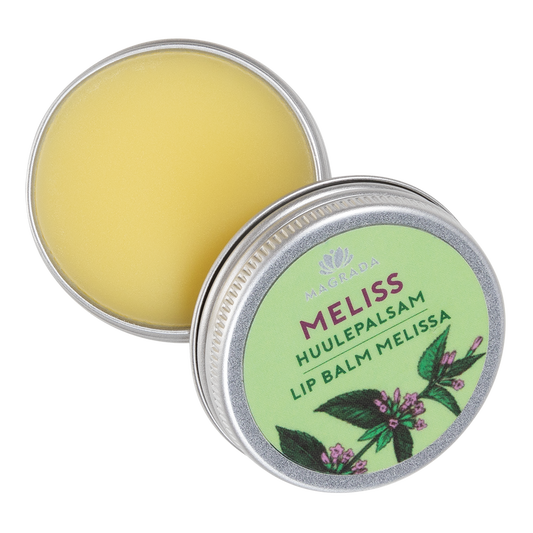 Geöffneter LACARLA Zitronenmelisse Lippenbalsam – natürlicher Lip Balm Meliss in der Dose