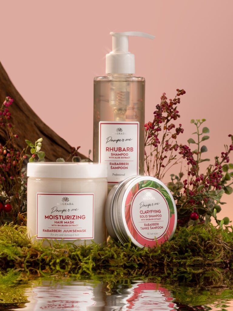 Rhabarber Haarpflegeserie von LACARLA: Feuchtigkeitsshampoo, Haarmaske und festes Shampoo mit Aloe-Extrakt