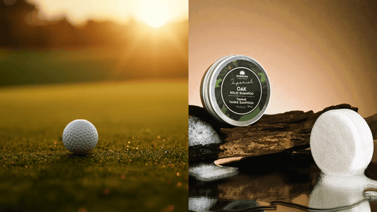 Festes Shampoo OAK von Magrada neben Golfball auf dem Fairway – Naturkosmetik als Geschenk für Golfer