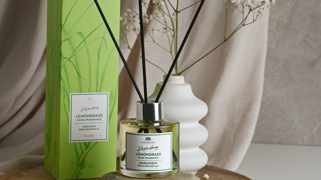 MAGRADA Lemongrass Home Fragrance im Glasflakon mit Verpackung – natürlicher Raumduft als Kundengeschenk