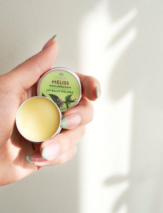 LACARLA Lip Balm Meliss – Zitronenmelisse Lippenbalsam in geöffneter Dose, gehalten in der Hand