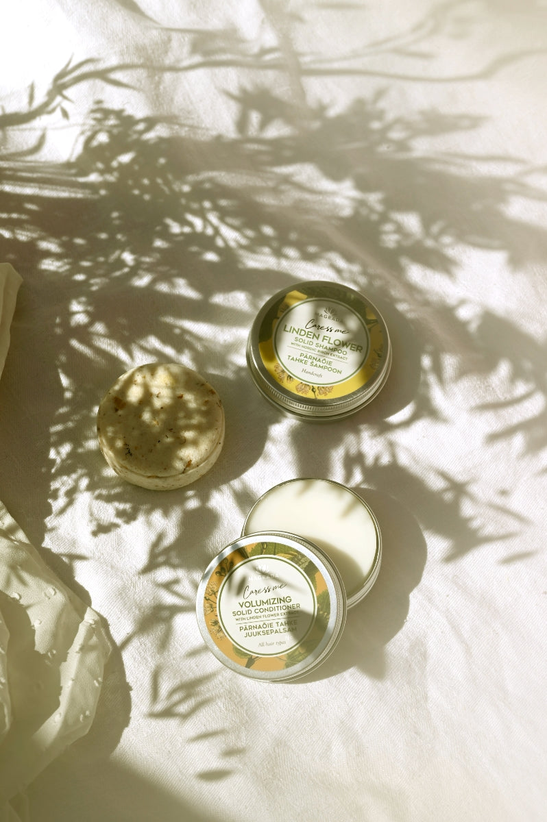 Festes Shampoo und Conditioner Set mit Lindenblüte – natürliche Reisekosmetik für Handgepäck