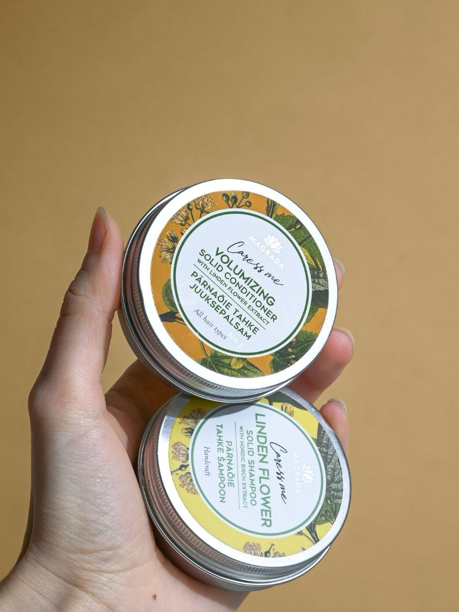 Festes Shampoo und Conditioner Set mit Lindenblüte für Reisen und Handgepäck