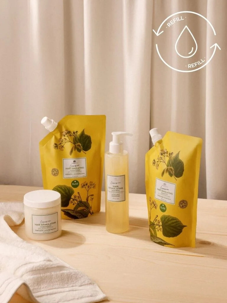 Lindenblüten Haarpflege-Serie von MAGRADA mit Nachfüllbeuteln, Pumpflasche und Haarmasken-Tiegel