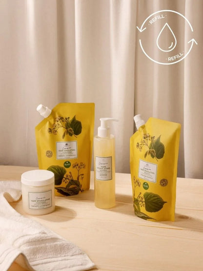 Lindenblüten Haarpflege-Serie von MAGRADA mit Nachfüllbeuteln, Pumpflasche und Haarmasken-Tiegel