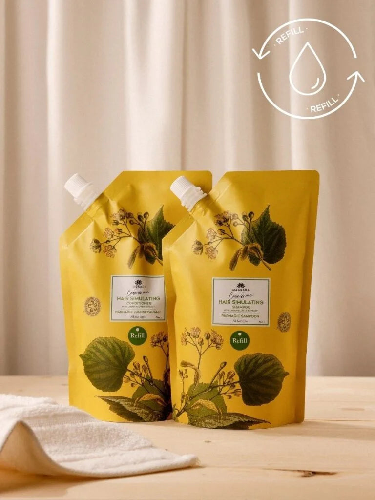 Zwei Nachfüllbeutel der Lindenblüten-Serie von MAGRADA: Shampoo und Conditioner