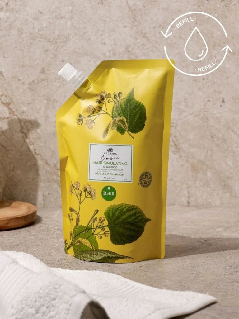 Lindenblüten Shampoo Nachfüllpack 500 ml von MAGRADA – gelber Nachfüllbeutel im Badezimmer