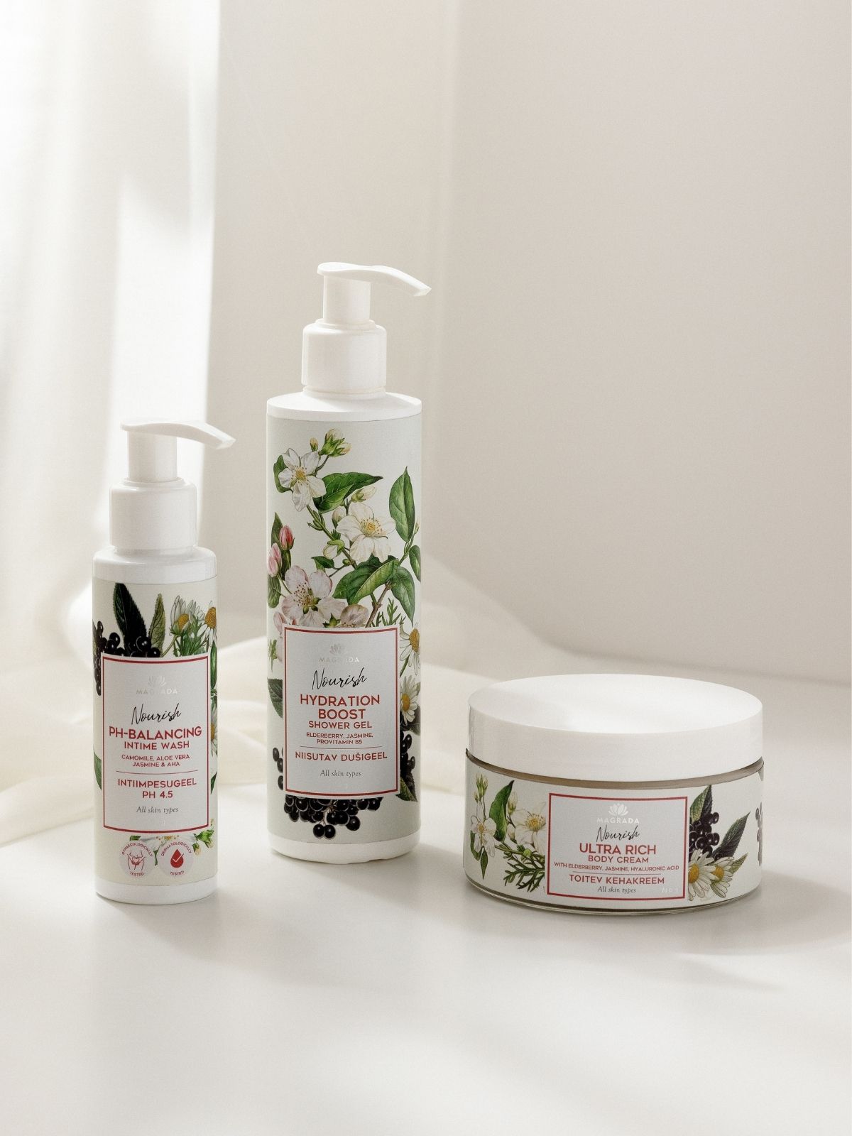 Nourish-Pflegeroutine von MAGRADA: Intimwaschgel, Duschgel und Körpercreme