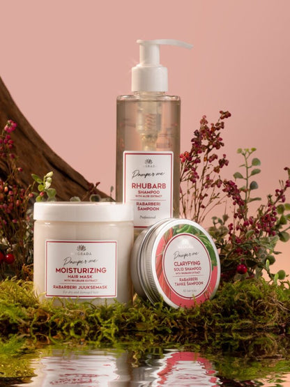 Rhabarber Haarpflegeserie von LACARLA: Feuchtigkeitsshampoo, Haarmaske und festes Shampoo mit Aloe-Extrakt