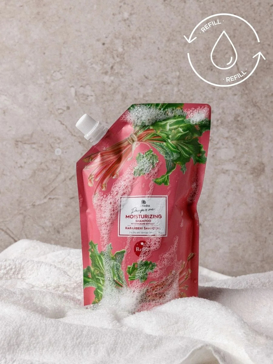 Rhabarber Shampoo Nachfüllpack 500 ml von MAGRADA – rosa Nachfüllbeutel mit Schaum