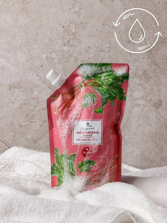 Rhabarber Shampoo Nachfüllpack 500 ml von MAGRADA – rosa Nachfüllbeutel mit Schaum