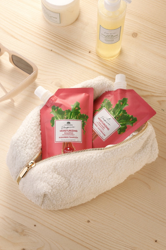 Shampoo und Haarmaske Set mit Rhabarber – feuchtigkeitsspendende Reisekosmetik für Handgepäck