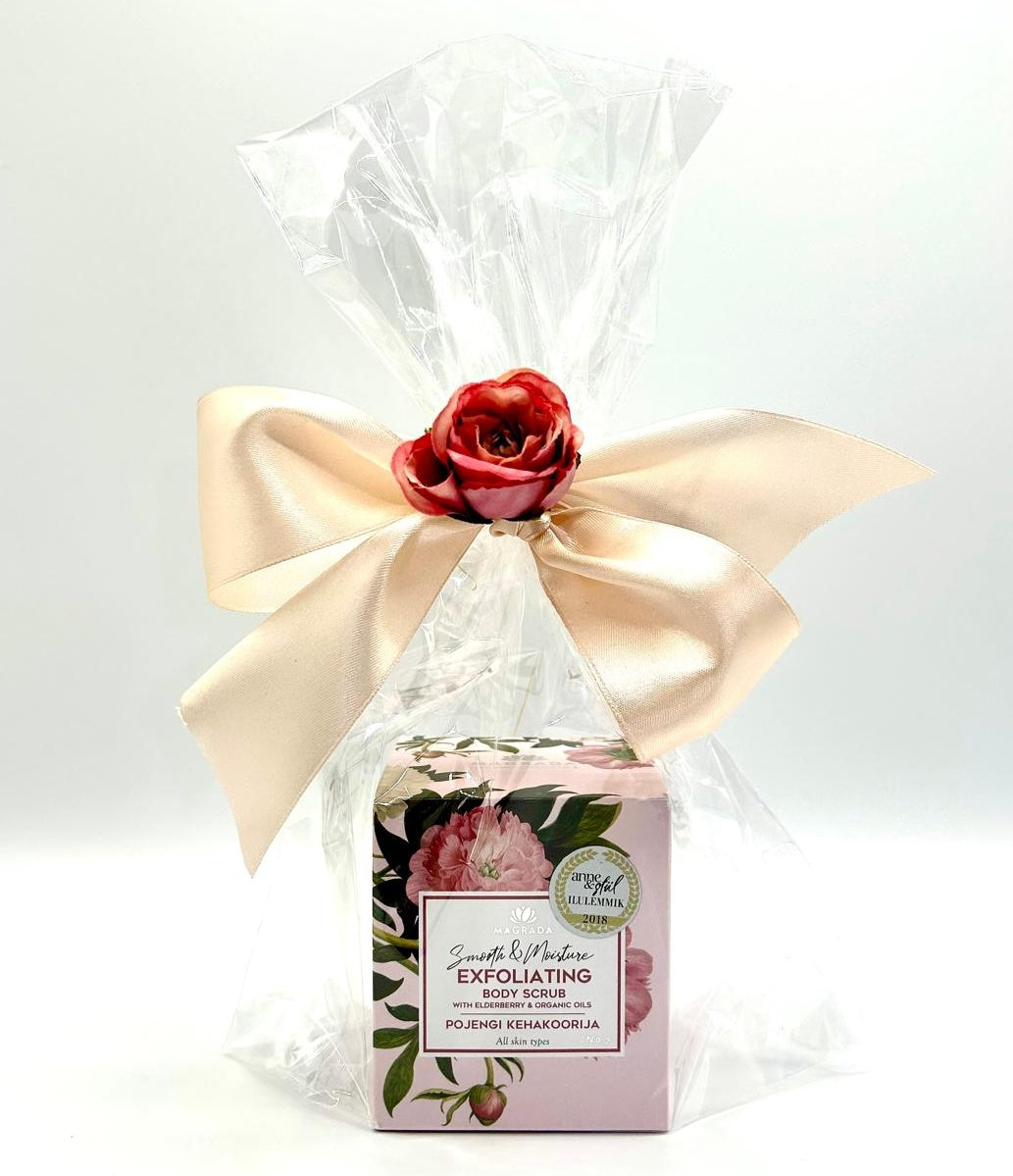 Valentinstag Geschenk - MAGRADA Body Scrub liebevoll verpackt mit Schleife und Rose